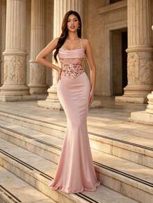Robe de demoiselle d'honneur longue sirène drapée en satin rose élégant avec sequins, col drapé, convient pour les mariages, les fêtes, les dîners formels, les vacances et les bals de vacances - Rose bonbon - Voir 4
