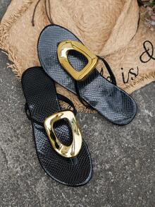 Sandal Jepit Wanita dengan Cincin Logam Besar, Sandal Pantai Musim Panas Kasual dan Datar - Hitam - View 2