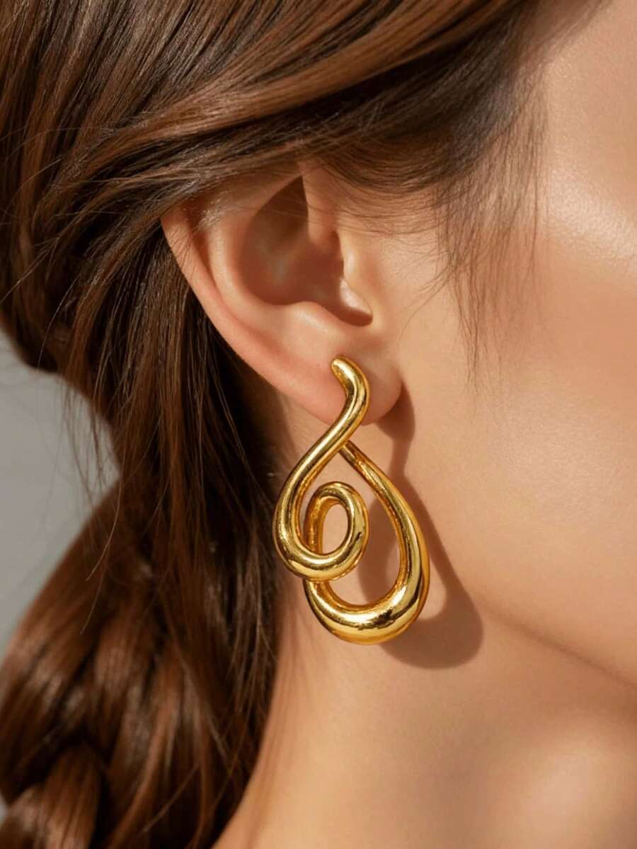 1 Pasang Anting Stud Emas Bentuk Tetesan Air Mata Berputar, Desain Melengkung Abstrak untuk Pemakaian Sehari-hari & Pesta. - Yellow Gold - View 1