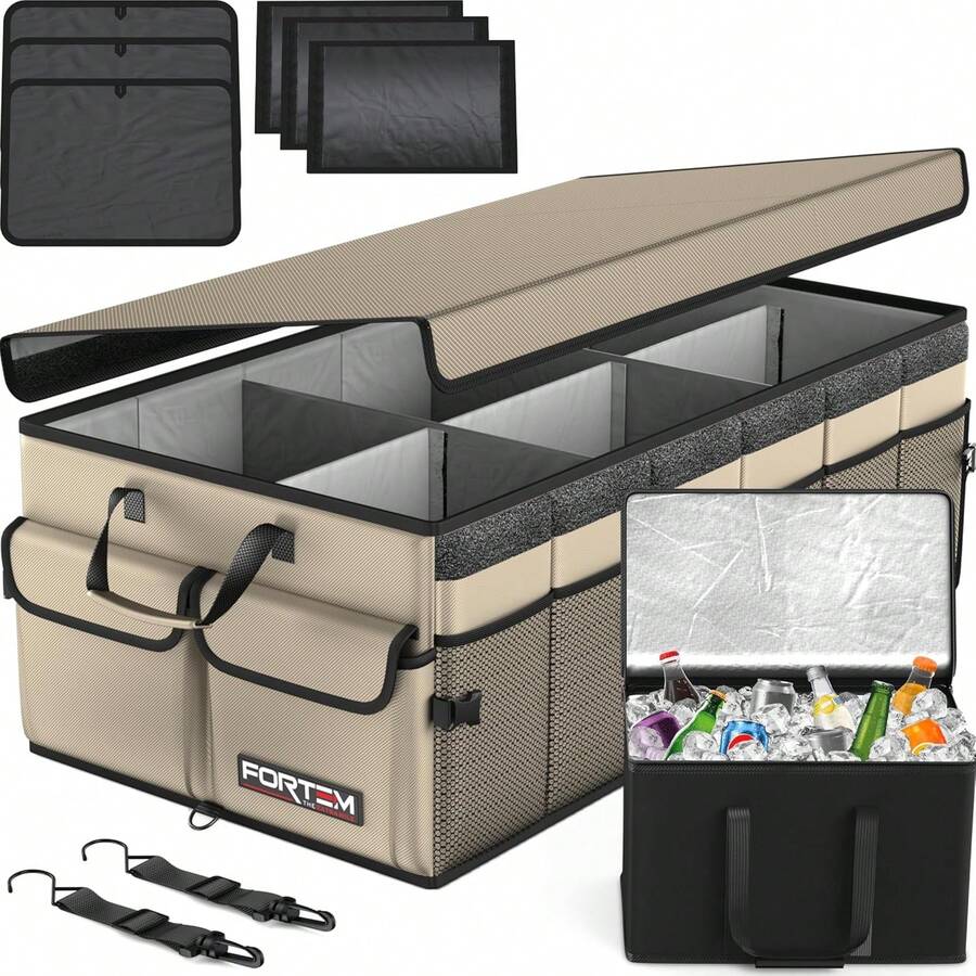 FORTEM Car And SUV Trunk Organizer - Car Storage Organizer - Large Foldable Box With 2 Compartments - Non-Slip Base - Adjustable Straps - Removable Lid (Black) - 曬黑的 - 查看 1