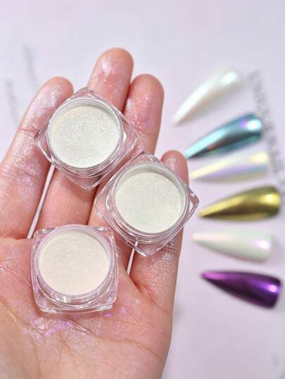 Polvo de uñas de perla blanca brillante para diseño de uñas de boda nupcial, polvo de fricción aurora con efecto espejo, polvo de hada (0.3g/botella)