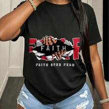Women's Graphic Design Of Hands Tearing Fabric With The Text FAITH OVER FEAR, T-Shirt, Black With Red And White Details, Round Neck And Short Sleeves, Casual Everyday Wear, All Season - 黑色 - 查看 1