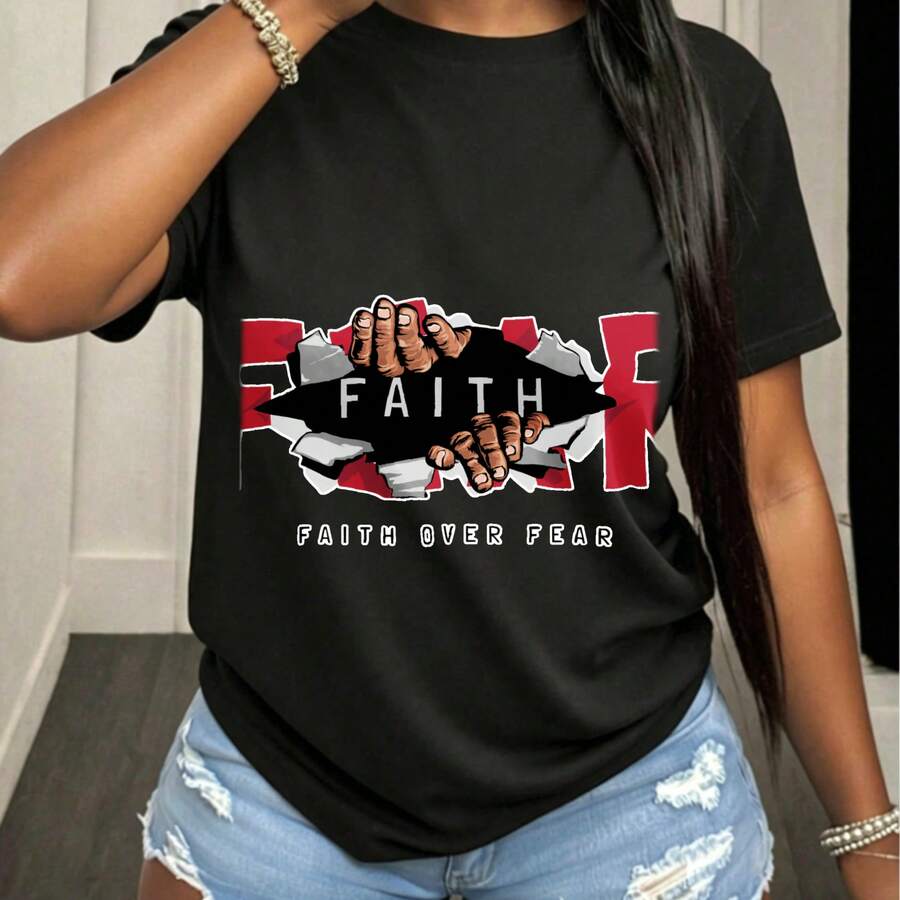 Women's Graphic Design Of Hands Tearing Fabric With The Text FAITH OVER FEAR, T-Shirt, Black With Red And White Details, Round Neck And Short Sleeves, Casual Everyday Wear, All Season - 黑色 - 查看 1