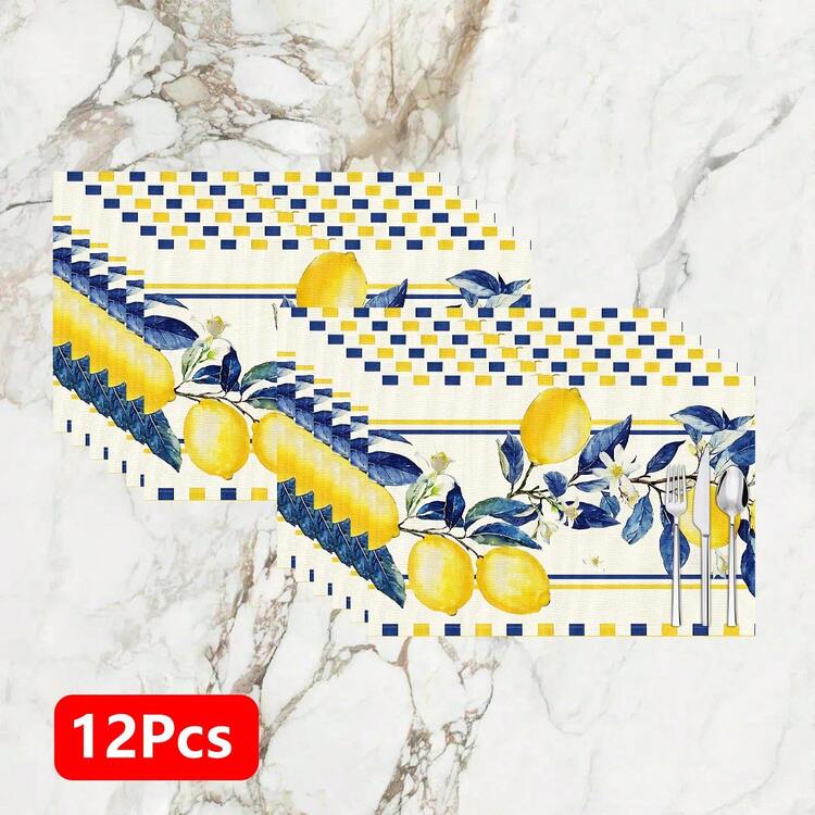 1pc/4pcs/6pcs, Home Decor, Lemon Pattern Printed Linen Placemats, All Season, Suitable For Dining Table, Washable Placemats, Coasters, Kitchen Placemats, Home Supplies, Kitchen Supplies, Dining Table Decor - Multicolor - View 12
