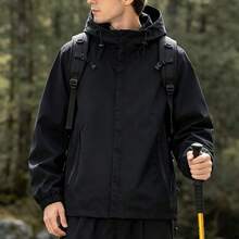 Men's Black Hooded Casual Zip-Up Windbreaker Jacket, Suitable For Fishing And Daily Wear Sports - Black - View 1