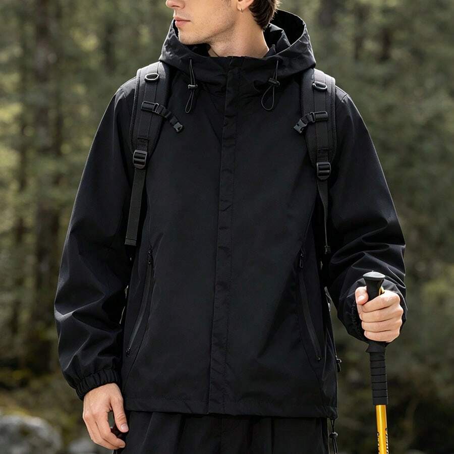 Men's Black Hooded Casual Zip-Up Windbreaker Jacket, Suitable For Fishing And Daily Wear Sports - Black - View 1