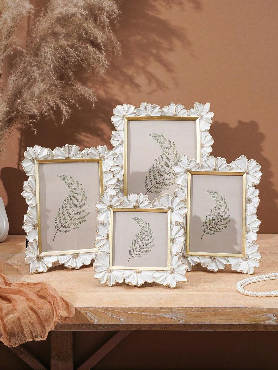 1PC Resin White With Gold Trim 3D Daisy Flower Pattern Decorative Photo Frame, Square Photo Display Frame, Warm Home Desktop Photo Display Frame, Horizontal And Vertical Dual-Use Resin Photo Frame, Suitable For Home Photo Decoration And Photography Decoration Props - A - View 1