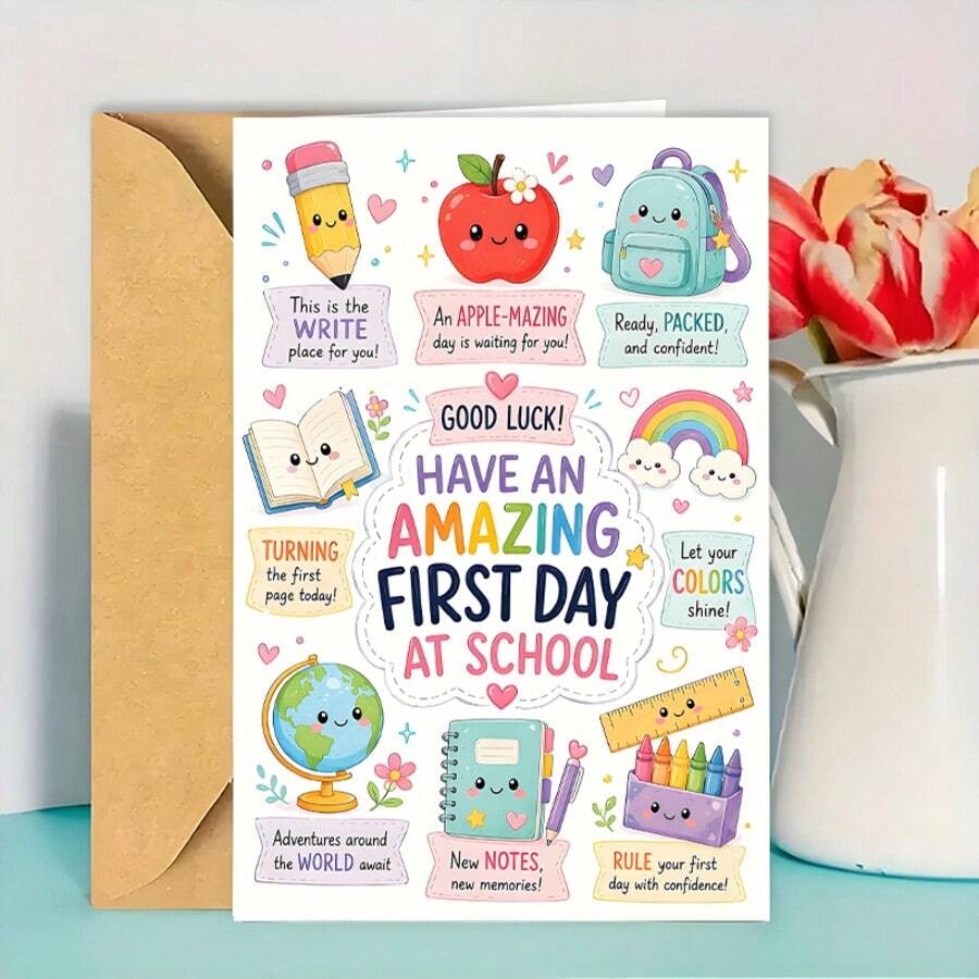 1PC-Back To School Greeting Card With Envelope, Exquisite First Day Of School Card With Cute Apple Pen Shaped Backpack And Rainbow Pattern Design, Back To School Party Gift For Students And Teachers - A - View 1
