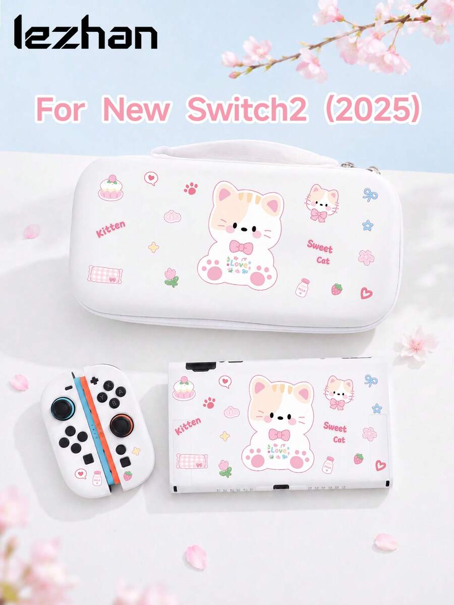 1pc Cute Cat Strawberry Bow Pattern Switch Protective Case, Compatible With Switch2 2025, OLED/NS, Switch Game Console Protective Cover Storage Bag, Battery Version Game Console Accessory Protective Case, Best Gift For SWITCH Players - Multicolor - View 1