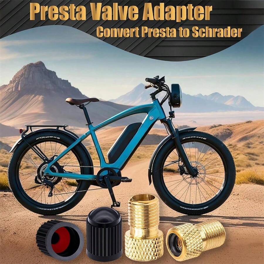 2pcs Brass French Valve Adapter, Converts Presta To Schrader, Use Standard Pump Or Air Compressor To Inflate Tires, 2pcs Black Tire Valve Caps (Granular Style) - Multicolor - View 1