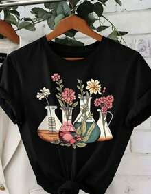 Gift 1 Women's T-Shirt 100% Breathable Cotton [Scientific Floral Print Shirt] Women's Scientific And Botanical Laboratory Floral Print Shirt - 黑色 - 查看 1