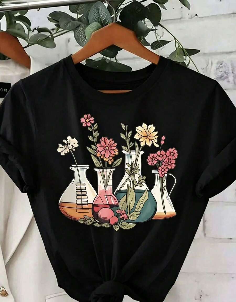Gift 1 Women's T-Shirt 100% Breathable Cotton [Scientific Floral Print Shirt] Women's Scientific And Botanical Laboratory Floral Print Shirt - 黑色 - 查看 1