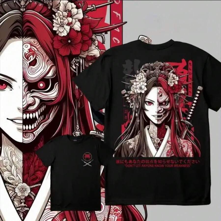 Unisex Black T-Shirt 100% Unwashed Cotton, A320 Geisha Design With Hannya Mask, Anime And Samurai Style, Streetwear Aesthetic Fashion, Casual Wear For Men And Women, Perfect For Use - 淺灰紫 - 查看 1