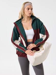 Women's College Style Colorblock Sports Jacket, Fashionable Stand Collar, Suitable For Sports, Fitness, Cycling, Hiking, Commuting, Versatile Styling - Multicolor - View 9