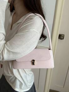 Soft PU Metal Buckle Decor Vintage Shell Baguette Shoulder Bag New Women's Handbag Small Square Bag - Pink - View 6