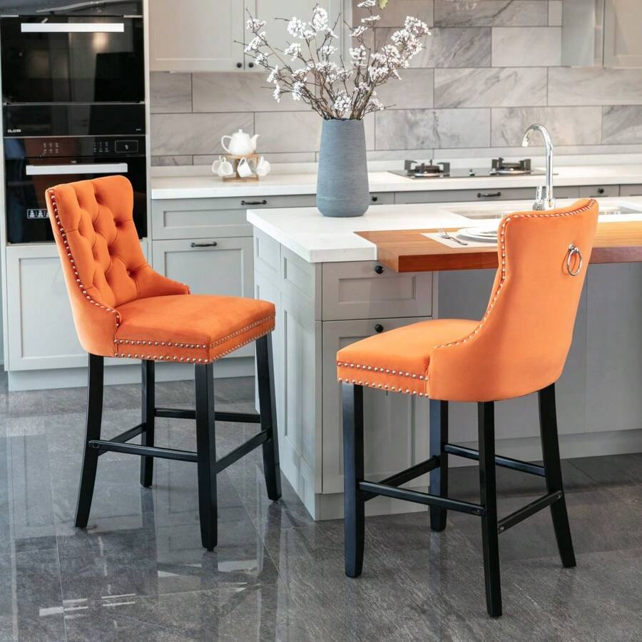 Set Of 2 Bar Stools With Velvet Upholstery / Medieval-Modern Style Bar Stools / Weight Capacity Up To 300 Lbs / High-Elasticity Foam / Suitable For Restaurants Or Kitchens - 橘色 - 查看 1