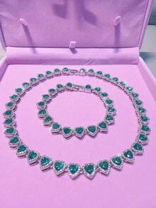 1pc Green Heart-Shaped Rhinestone Tennis Chain Jewelry Set For Women, Silver Metal Luxury Necklace/Bracelet, Suitable For Daily Wear And Parties, Gift For Her - Green Heart - View 1