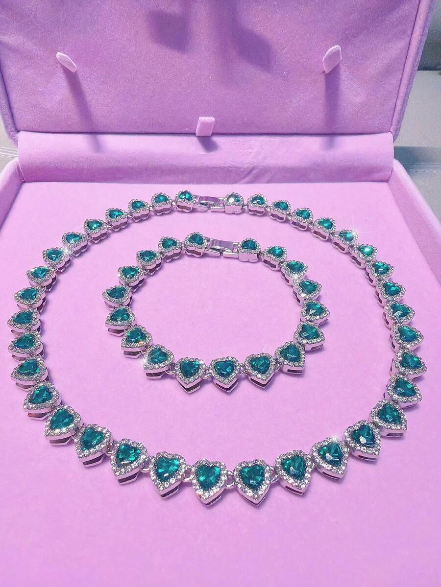 1pc Green Heart-Shaped Rhinestone Tennis Chain Jewelry Set For Women, Silver Metal Luxury Necklace/Bracelet, Suitable For Daily Wear And Parties, Gift For Her - Green Heart - View 1