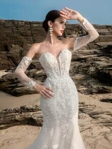 Elasola HEARBOBO Vintage Baroque Lace Applique White Formal Evening Gown, Mermaid Style Bridal Wedding Dress Fall - White - View 6