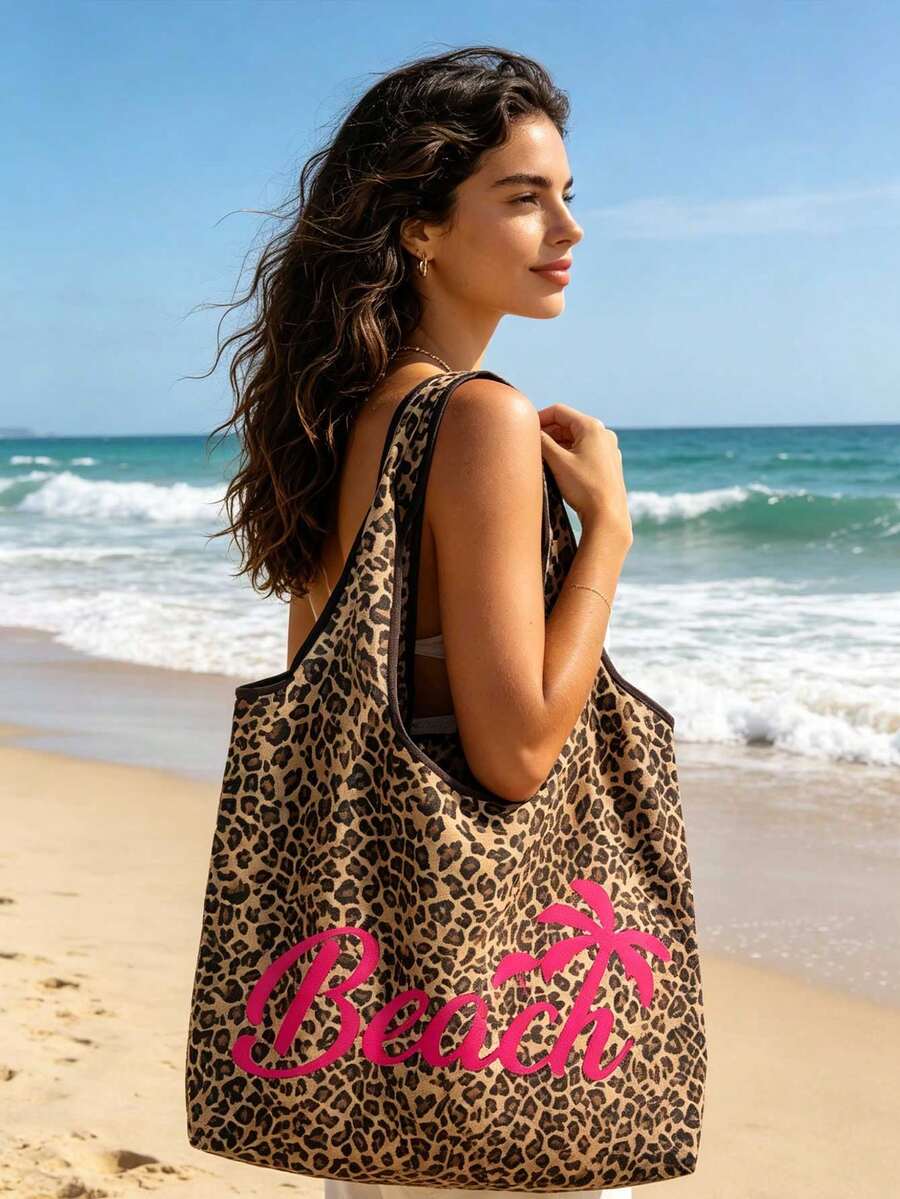 大容量豹紋海灘托特包,印有 BEACH 與椰子樹圖案,時尚單肩包,易折疊設計,夏季旅行必備包,適合海灘旅行、泳池派對、購物與日常使用,適用於女性、青少年、大學生、白領、旅行者與海灘愛好者,完美契合夏季、返校季、畢業季,適合送禮,多功能設計,可作為海灘包、購物袋、腋下包與後背包使用 - 彩色 - 查看 1