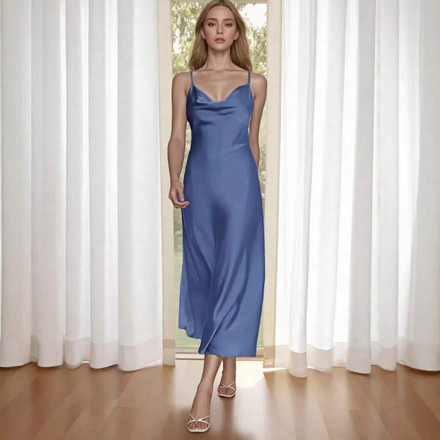 New Women's Acetate Satin Dress, European And American Style, Sexy Long Dress With French Style Straps. - Pearl White - 查看 1