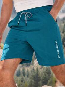 1pc Men's Summer Breathable Sports Shorts With Pockets, Reflective Print, Drawstring, 3-Inch Inseam, Suitable For Fitness, Running, Daily Wear And Outdoor Activities - Blue - View 1