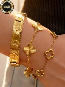ZCNC Znice 1/3Pcs Fashion Stainless Steel + Copper 18K Gold Plated Women's Flower Rhinestone Bracelet Set With 14K Gold Heart Copper Inlaid Cubic Zirconia Open Cuff Bracelet, Suitable For Women's Daily Wear, Holiday Gift, Fashion Women's Bracelet Set - Golden 11 - View 3