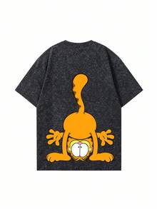 SHEIN | Garfield Áo thun nữ màu xám wash hai mặt, in hình mèo hoạt hình hài hước trồng cây chuối và chữ đỏ, tay ngắn dáng rộng, phong cách street girl mặc hàng ngày - màu đen - Xem 5