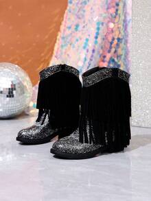 NILOSH Girls' Glitter Tassel Denim Boots, Western Mid-Calf Boots, Suitable For Parties, Dancing And Performances - Black - View 1