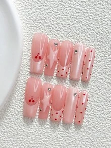 10片裝 Y2K 風格手工穿戴甲 Polygel 凝膠美甲套組，粉色櫻桃、星星、波點設計，粉色指甲油，甜酷風，附美甲工具，3 種尺寸可選，杏仁形、鴨嘴形、棺材形，適合派對、舞蹈、日常配戴 - 彩色 - 查看 12