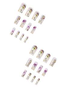24pcs Mid-Length Ballet-Style Fake Nails, Simple Purple Floral Ins-Style Press-On Nails, Detachable Full Coverage, Perfect For Parties, Proms, And Everyday Wear - Purple - View 4