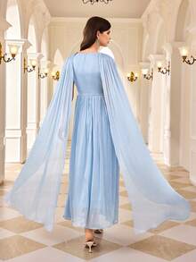 Women's Solid Color Draped Neckline And Extra Long Sleeve Elegant Romantic Dress - Baby Blue - View 2