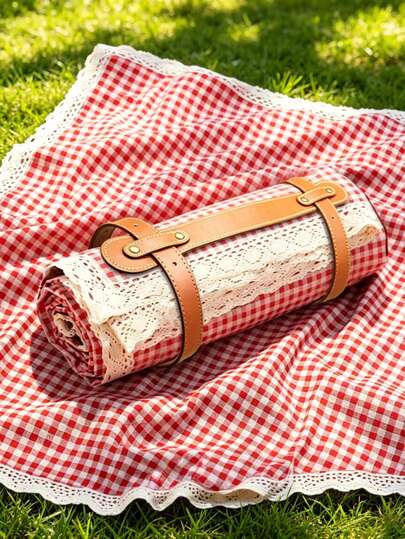 2 piezas/Set/1 pieza Manta de picnic vintage a cuadros rojos & blancos con ribete de encaje, manta de césped plegable con asa de cuero PU y correa de amarre, alfombra portátil a prueba de arena para picnic, playa, camping, barbacoa y festivales, accesorio de viaje al aire libre con estética estilo Ins