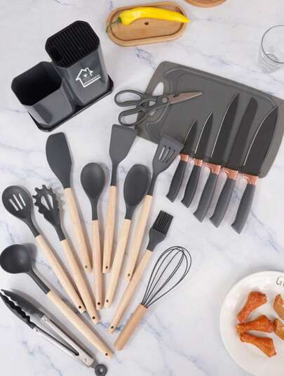 Juego de utensilios de cocina de silicona de 19 piezas, herramientas de cocina resistentes al calor y antiarañazos, cuchillos de acero inoxidable con mangos de silicona, incluye soporte de almacenamiento (negro) CWKW