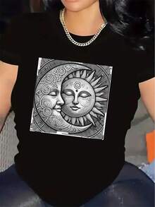 Women's Short Sleeve T-Shirt With Sun And Moon Design, Made Of Durable, Lightweight And Comfortable Material, Ideal For Casual Wear At Home, Restaurant Or Outdoor Activities - 白色 - 查看 7