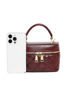 PU Leather Handbag For Women, New Fashion Crossbody Bag With Niche Design, Chain Strap, Minimalist Commuter Bag, Textured Small Square Box Bag - Burgundy - View 3
