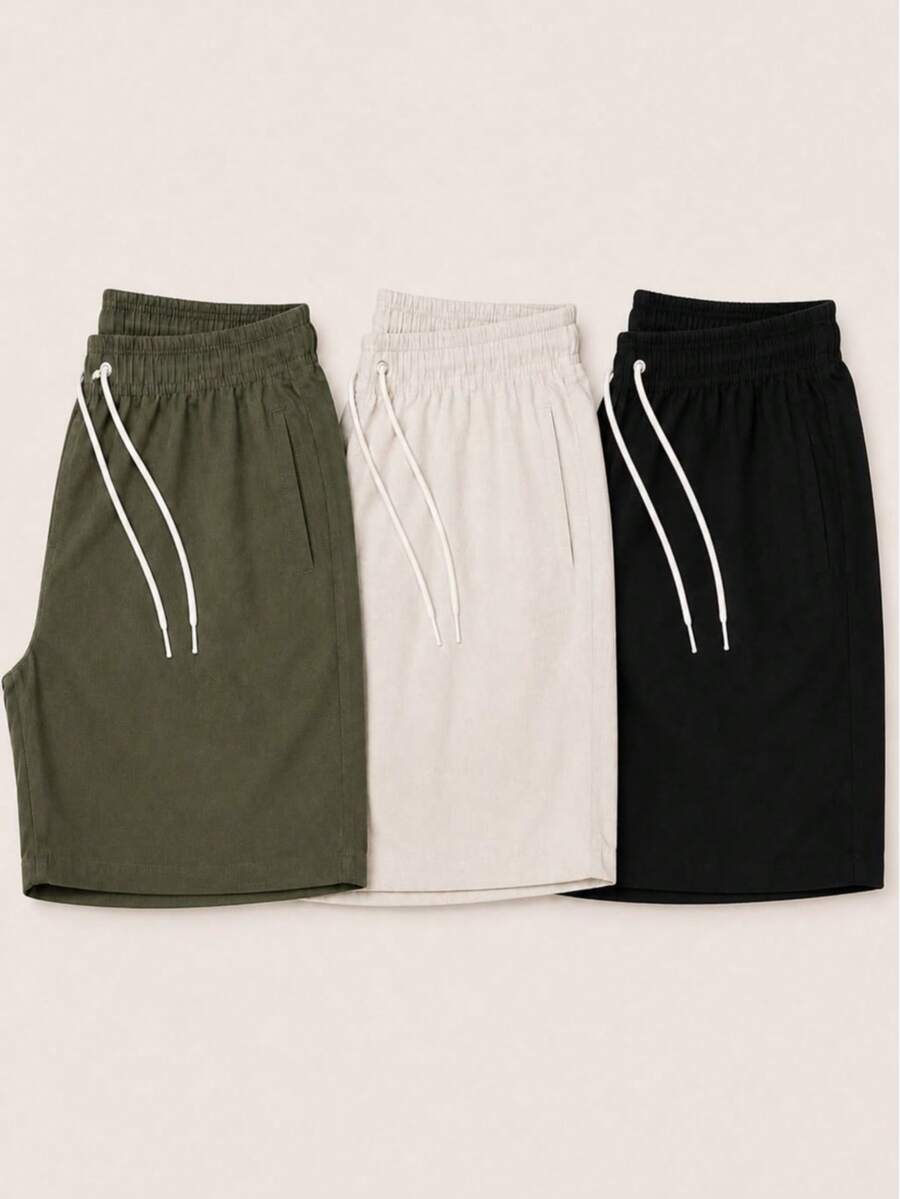 Kit 3 Premium Linen Shorts Bermuda Mauricinho Men's Casual Basic Comfortable Drawstring Waist - 軍綠色 - 查看 1