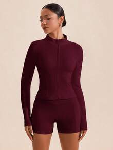 Conjunto deportivo mujer tela suave ajustada absorbe humedad chaqueta cremallera cuello alto pantalones cortos sin transparencia deportivo elegante Varios Colores Disponibles - Color caoba - Ver 1