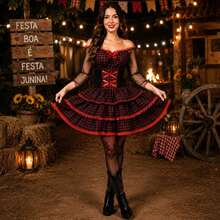 Women's Luxury Black Tulle Country-Style Dress For Adults - Checkered Corset With Puff Sleeves - 黑色和紅色 - 查看 8