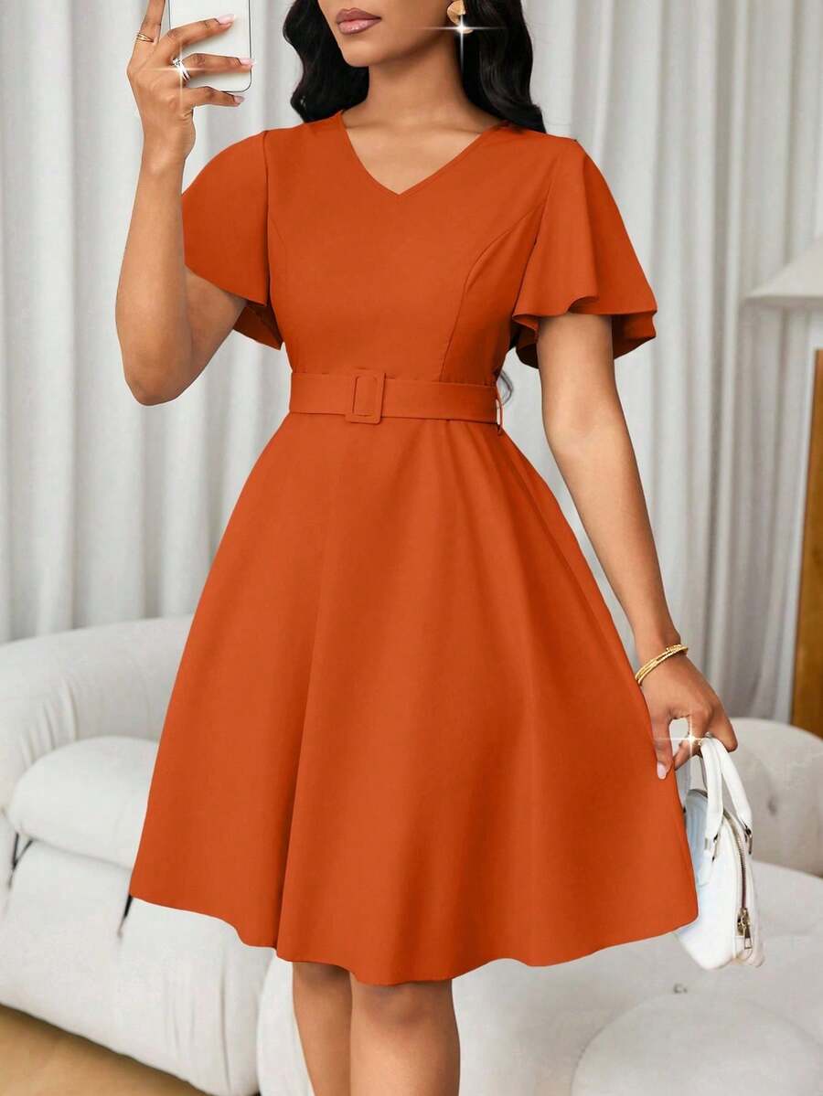 Elegant Short-Sleeved Mini Dress With Ruffled Hem And A-Line Cut In A Single Color For Women - Burnt Orange - View 1