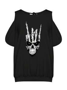 Plus Size, Women's Black & White Skull Fingerprint Graphic Oversized T-Shirt - Cold Shoulder Strapless Top, Gothic Punk Rock Style Everyday - 黑色 - 查看 7