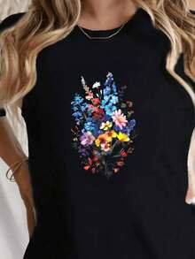 ropa de mujer blusas para mujerCamiseta de Mujer con Estampado Flclothesal Colclothesido Diseño de Flclotheses Silvestres para Primavera y Veran - Negro - Ver 1