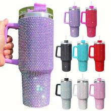 1pc 40oz Large Capacity Tumbler With Handle, Rhinestone Pattern Stainless Steel Insulated Cup With Straw, Reusable Travel Mug For Car Office Outdoor, Ideal Gift For Women & Teens - Multicolor - View 6