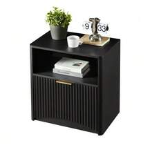 Grooved Bedside Table With Open Drawer And Gold Handles, Space-Saving, Ideal For Bedrooms And Living Rooms, Black - Black - View 9