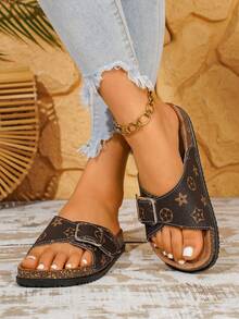 Louis Elegant Women's Shoes, New Summer Flat Sandals For Women, Cute Floral Print And Buckle Design, Open Toe Breathable Summer Slippers, Fashionable Vacation Style Beach Shoes, Elegant Women's Sandals, Faux Suede Insole With Arch Support Summer Sandals, Non-Slip Rubber Sole, Suitable For Vacation, Summer Street, Beach, Desert, Office, Apartment And Various Other Scenes, Versatile Brown Sandals For Women - Brown - View 5