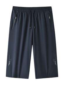 Men's Plus Size Summer Cropped Length Pants, Drawstring Elastic Waist, Zipper Side Pockets, Lightning Print Quick-Dry Loose Casual Pants - Navy Blue - View 3