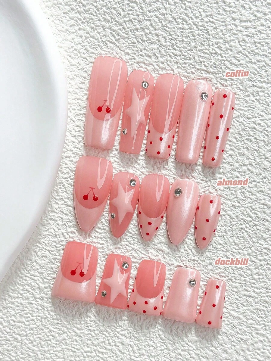 10片裝 Y2K 風格手工穿戴甲 Polygel 凝膠美甲套組,粉色櫻桃、星星、波點設計,粉色指甲油,甜酷風,附美甲工具,3 種尺寸可選,杏仁形、鴨嘴形、棺材形,適合派對、舞蹈、日常配戴 - 彩色 - 查看 1
