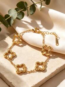VceTd Set Perhiasan Wanita 3 Buah Gaya Vintage Motif Daun Semanggi Enamel dari Baja Tahan Karat, Cocok untuk Pemakaian Sehari-hari, Pesta, Liburan, atau Hadiah Hari Raya untuk Teman. - Yellow Gold - View 8
