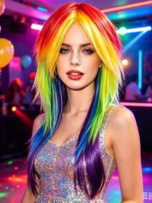 Rainbow Gradient Layered Wolf Tail Long Wig, Color Block Patchwork Choppy Cut, Eye-Catching Personalized Styling Headpiece For EDM Festival, Nightclub, Rave, Anime Convention, Party, Photoshoot - View 1