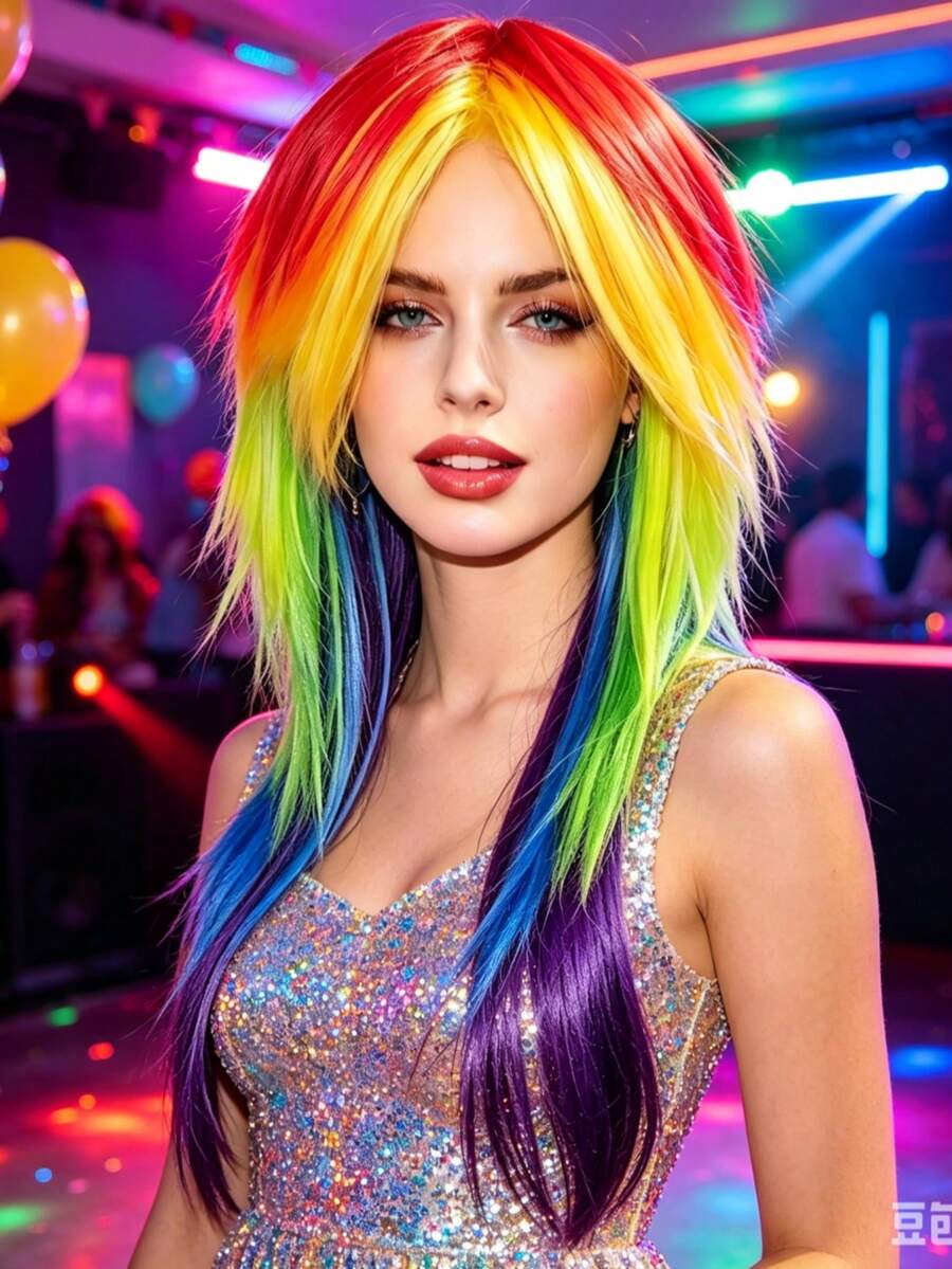 Rainbow Gradient Layered Wolf Tail Long Wig, Color Block Patchwork Choppy Cut, Eye-Catching Personalized Styling Headpiece For EDM Festival, Nightclub, Rave, Anime Convention, Party, Photoshoot - View 1
